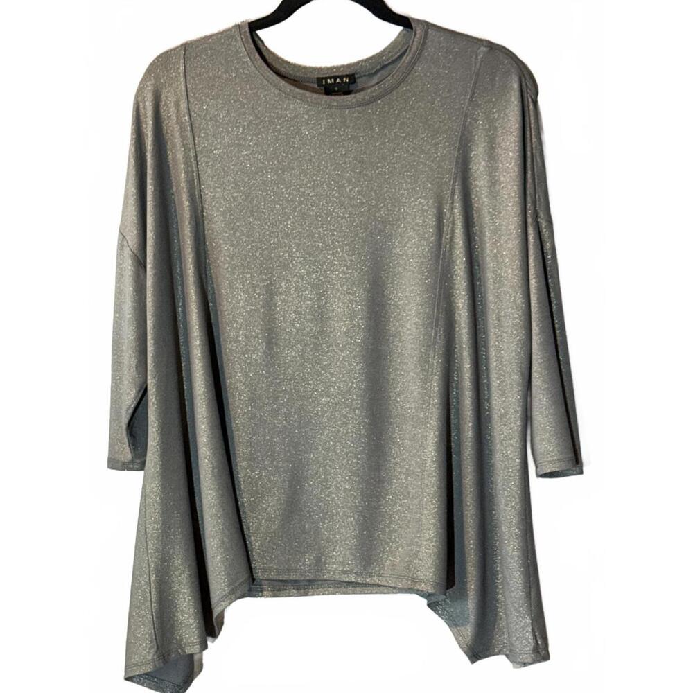 IMAN Silver Shimmer Asymmetric Hem Top Size Small